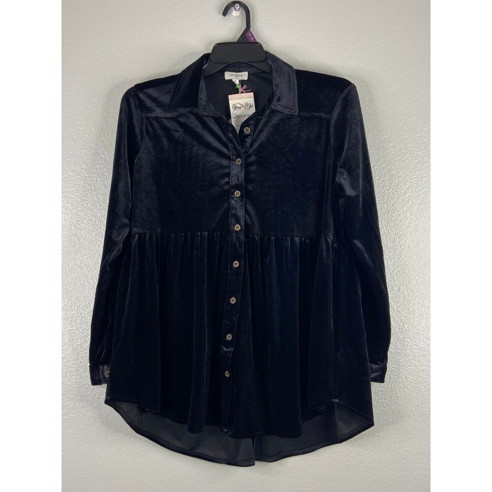 Umgee Women Medium Black Velvet Dress Button Front Short Casual Loose Fitting